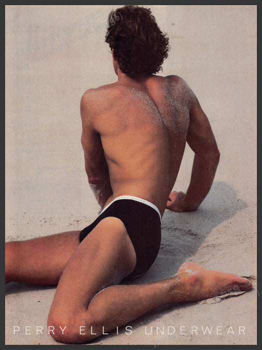 Perry Ellis Men's Underwear 1980s Print Advertisement Ad 1987 Beach Sand Fetch-the-Paper
