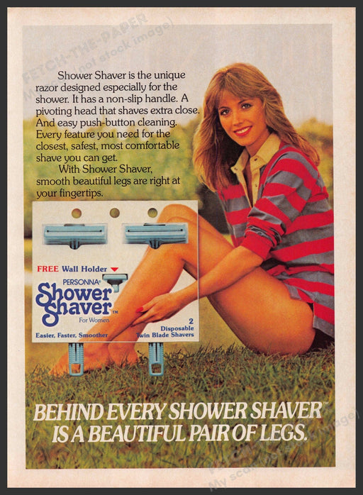 Personna Shower Shaver 1980s Print Advertisement 1983 Smooth Pair of Legs Fetch-the-Paper