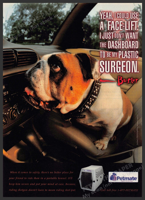 Petmate 1990s Print Advertisement 1998 Buster Bulldog in Car Petmate