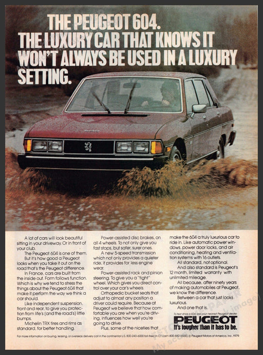 Peugeot 604 1970s Print Advertisement 1979 Luxury Car Rain Mud Puddle Peugeot