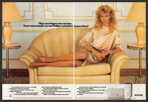 Philips Ladyshave 1980s Print Advertisement Ad (2 pages) 1982 Legs Couch Fetch the Paper!
