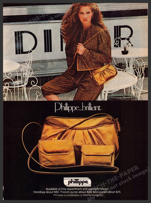 Phillippe Handbags 1980s Print Advertisement 1981 Model Diner Car Fetch-the-Paper