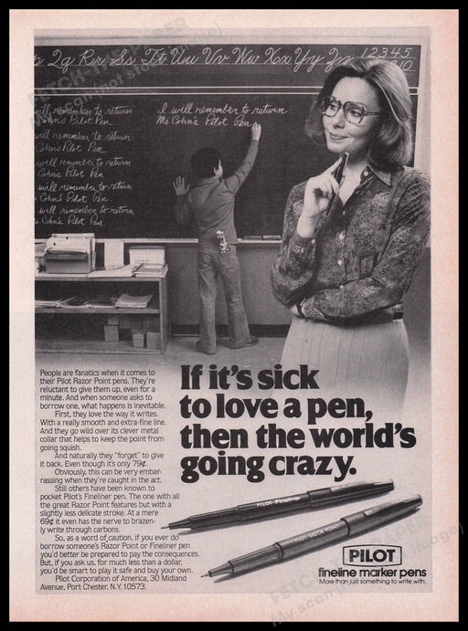 Pilot Fineline Marker Pens 1980s Print Advertisement Ad 1980 Teacher Fetch the Paper!