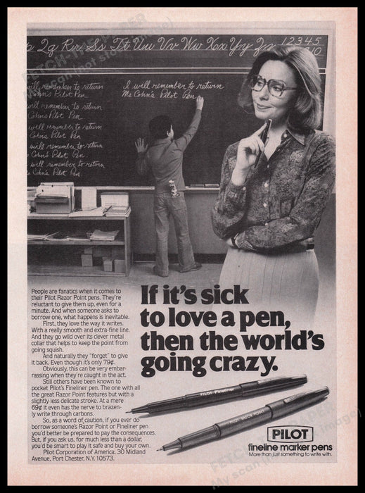 Pilot Fineline Marker Pens 1980s Print Advertisement Ad 1980 Teacher Fetch the Paper!