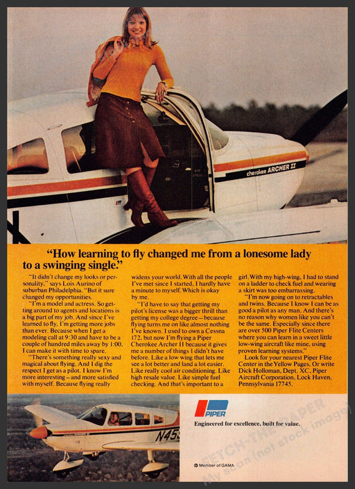 Piper Cherokee Archer II 1970s Print Advertisement 1976 Woman Pilot Actress Fetch-the-Paper