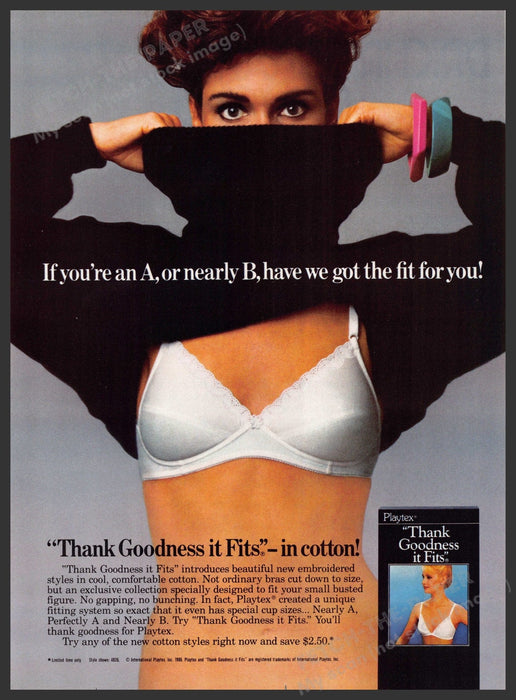 Playtex Bra 1980s Print Advertisement 1986 "Thank goodness it fits" Turtleneck Fetch-the-Paper
