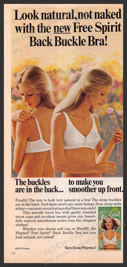 Playtex Free Spirit 1970s Print Advertisement 1976 Bra Blonde Flower Fetch-the-Paper
