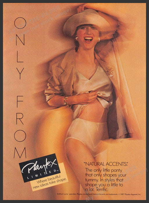 Playtex "Natural Accents" 1980s Print Advertisement 1987 Legs Lingerie Fetch-the-Paper