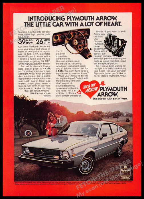 Plymouth Arrow 1970s Print Advertisement 1977 "Little car with a lot of heart" Plymouth Arrow