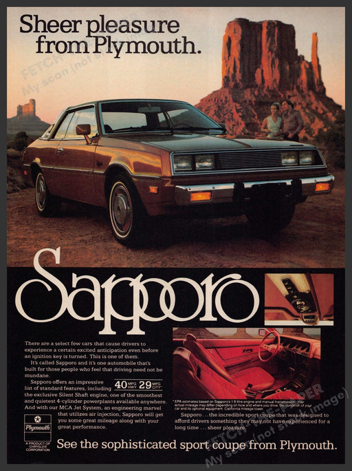 Plymouth Sapporo Car 1970s Print Advertisement 1978 "Sheer pleasure" Fetch-the-Paper