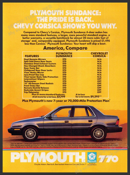 Plymouth Sundance 1980s Print Advertisement 1987 "The pride is back" Plymouth Sundance