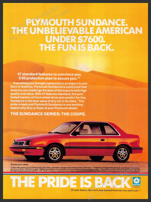 Plymouth Sundance 1980s Print Advertisement Ad 1987 Coupe "The pride is back" Plymouth