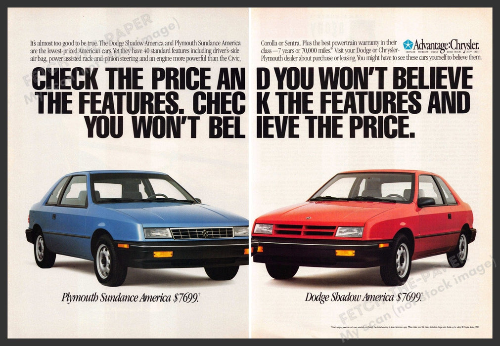 Plymouth Sundance Dodge Shadow 1990s Print Advertisement (2 pages) 1990 Plymouth Sundance