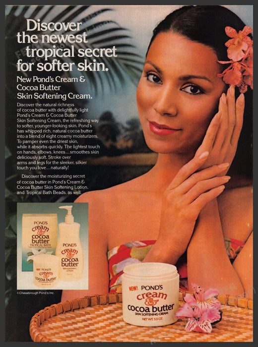 Pond's Cream & Cocoa Butter 1980s Print Advertisement 1981 Island Girl Skin Fetch-the-Paper