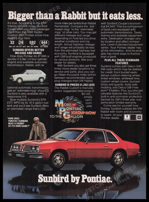 Pontiac Sunbird Car 1980s Print Advertisement Ad 1980 "Bigger than a Rabbit" Fetch the Paper!