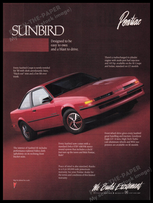 Pontiac Sunbird Car 1980s Print Advertisement Ad 1988 "We build excitement" Fetch the Paper!