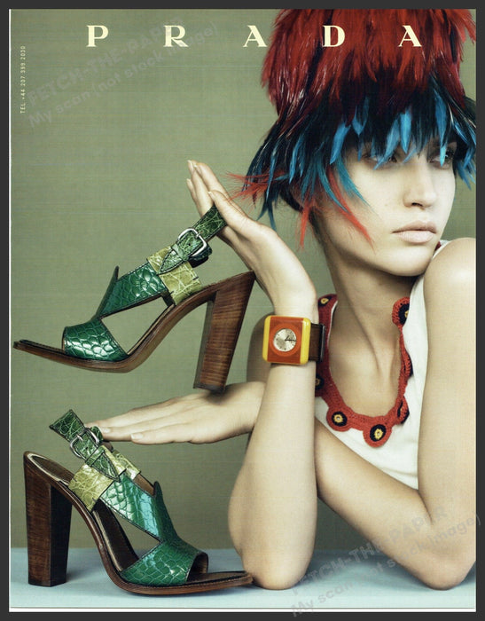 Prada Footwear 2000s Print Advertisement 2005 Feathered Hat Hands Modeling Fetch-the-Paper