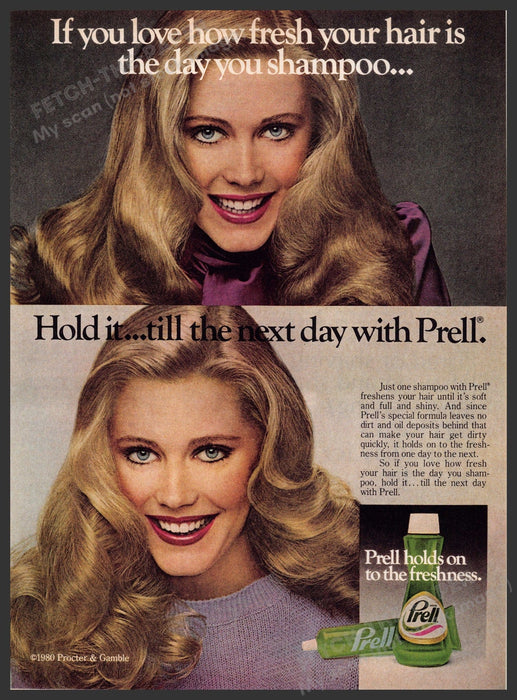 Prell 1980s Magazine Print Advertisement 1981 "Press hold to the freshness" Fetch-the-Paper