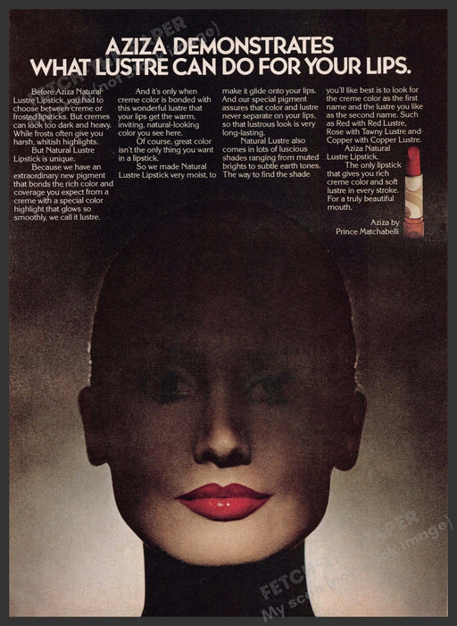 Prince Matchabelli Aziza 1970s Print Advertisement 1979 Lip Lustre Fetch-the-Paper