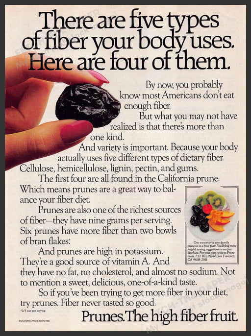 Prunes 1980s Magazine Print Advertisement 1986 "The high fiber fruit" Prunes