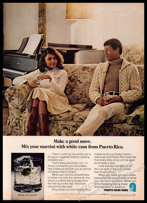 Puerto Rico Rums 1970s Print Advertisement 1977 Couple Piano "Make a good move" Puerto Rico Rumns