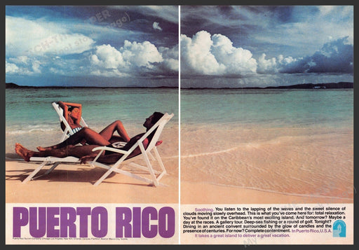 Puerto Rico Travel 1980s Print Advertisement (2 page) 1982 Couple on Beach Chair Fetch-the-Paper