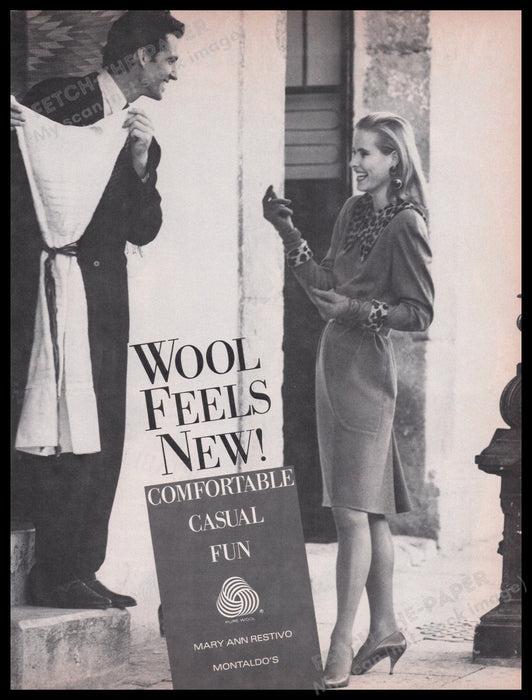 Pure Wool Clothing 1980s Print Advertisement Ad 1987 Legs Sales Associate Fetch the Paper!