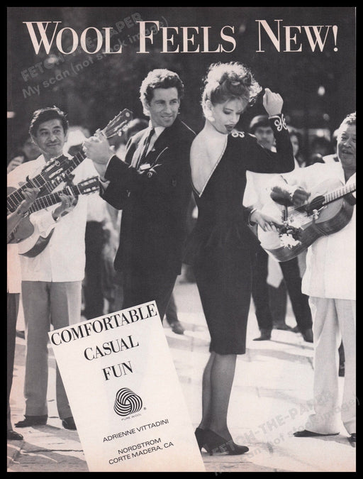 Pure Wool Clothing 1980s Print Advertisement Ad 1987 Street Music Playing Legs Fetch the Paper!