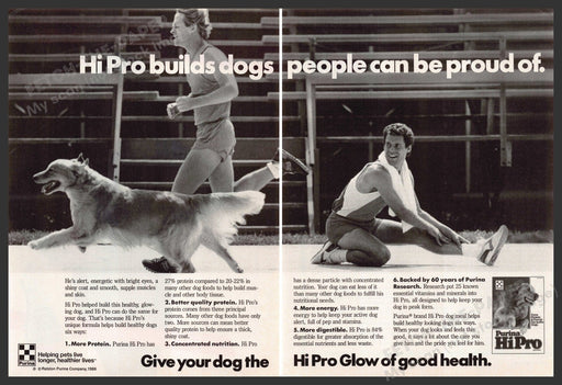 Purina 1980s Print Advertisement (2 pages) 1987 Dog Men Running on Track Purina