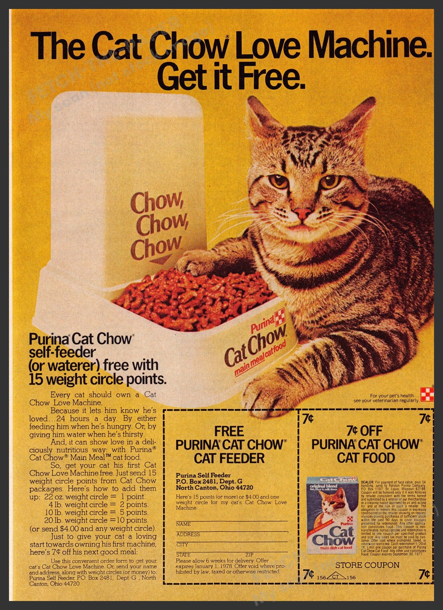 Vintage 1976 Purina Cat Chow Print Ad with Free Self-Feeder Offer —  Fetch-the-Paper