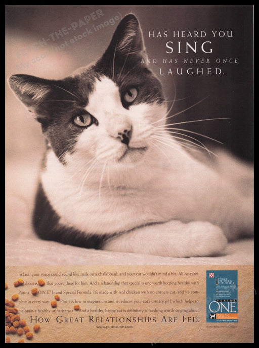 Purina Cat Food 2000s Print Advertisement Ad 2000 Gray & White Kitty Fetch the Paper!