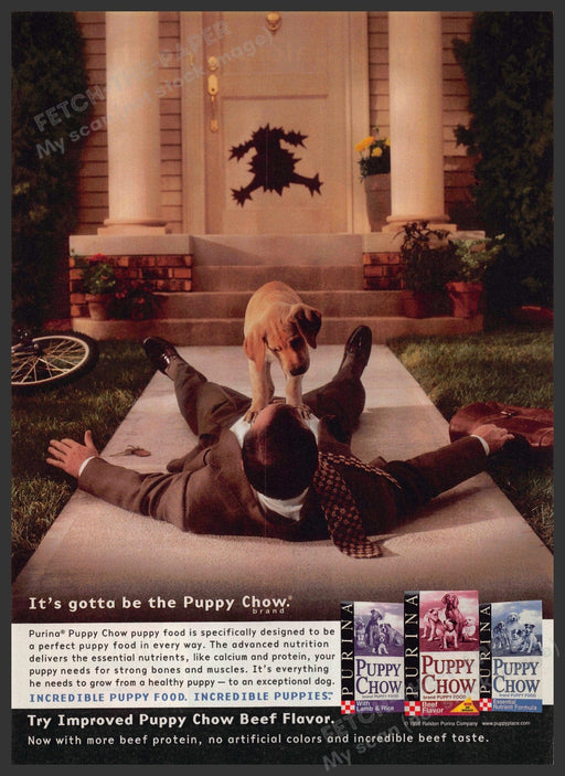 Purina Puppy Chow 1990s Print Advertisement 1998 Lab Puppy Jumping Through Door Purina