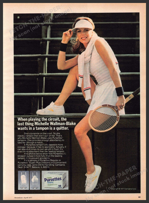 Pursettes 1970s Print Advertisement 1977 Female Sanitary Legs Tennis Player Pursettes