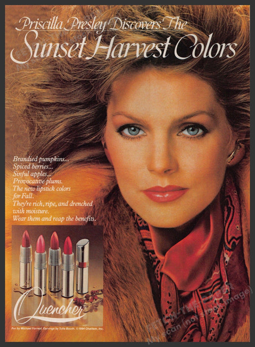 Quencher Lipstick Priscilla Presley 1980s Print Advertisement 1984 Sun Harvest Fetch-the-Paper
