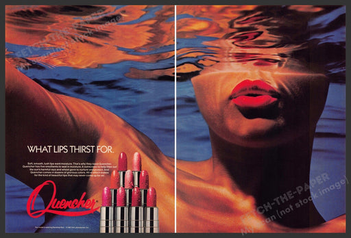 Quencher Lipstick Sexy Woman Lips Underwater 1980s Print Ad (2 Pages) 1988 Quencher