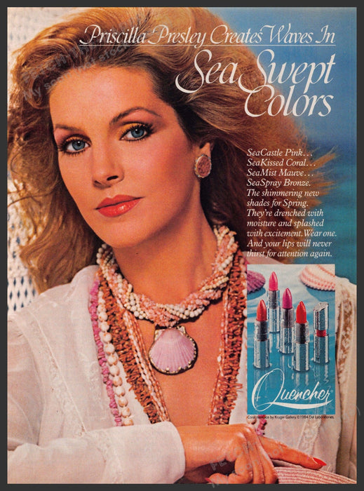 Quencher Lipsticks 1980s Print Advertisement 1985 Priscilla Presley Sea Swept Fetch-the-Paper