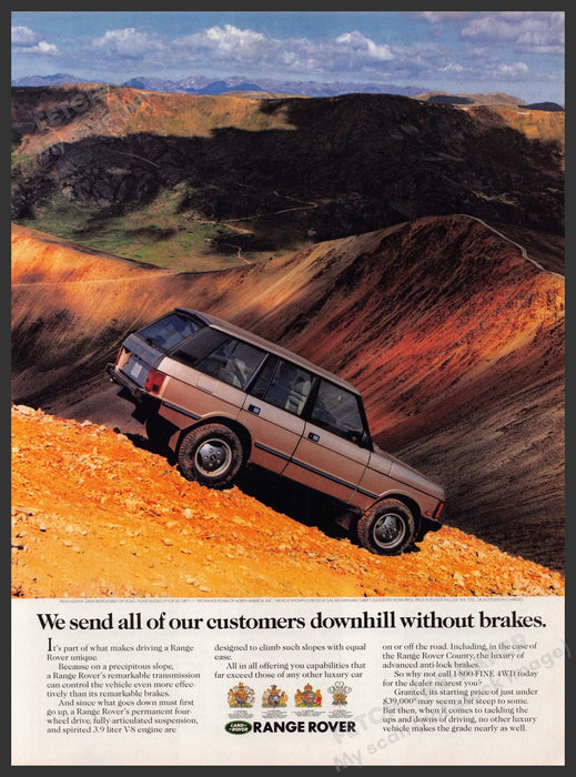 Range Rover 1990s Print Advertisement Ad 1992 "Send downhill without brakes" Fetch-the-Paper