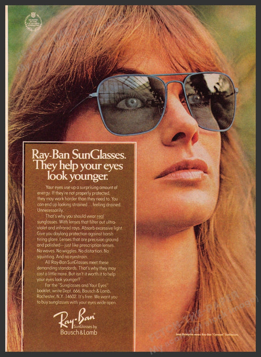 Ray-Ban Sunglasses 1970s Print Advertisement 1976 Blonde Girl Tinted Glasses Fetch-the-Paper