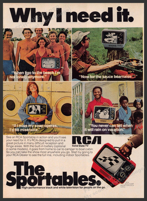 RCA The Sportables 1970s Print Advertisement 1976 Portable T.V. Fetch-the-Paper