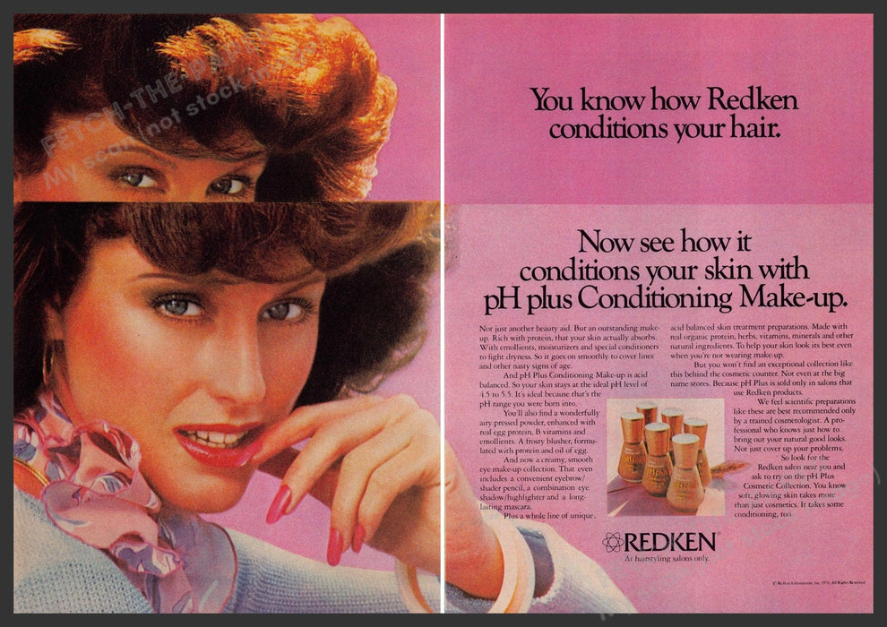 Redken PH Plus 1970s Print Advertisement (2 page) 1976 Face Fingers Lips Fetch-the-Paper
