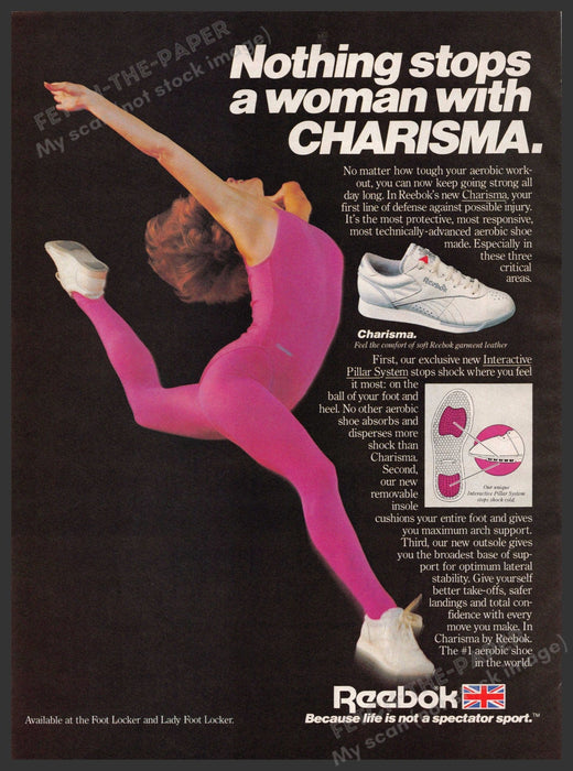 Reebok 1980s Print Advertisement Ad 1985 Charisma Woman Aerobic Jumping Legs Reebok