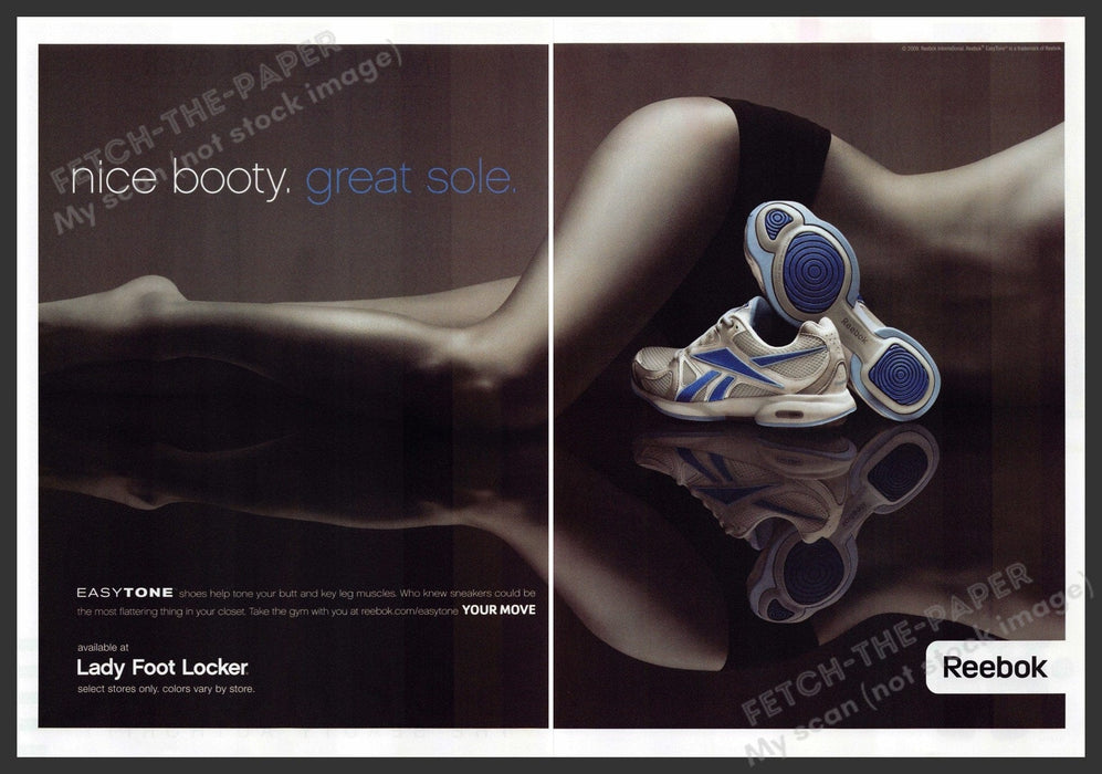 Reebok 2000s Print Advertisement (2pg) 2009 Easy Tone "Nice Booty. Great Sole." Fetch-the-Paper