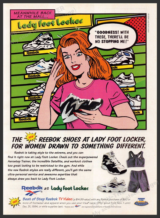 Reebok at Lady Foot Locker 1990s Print Advertisement Ad 1994 Cartoon Reebok