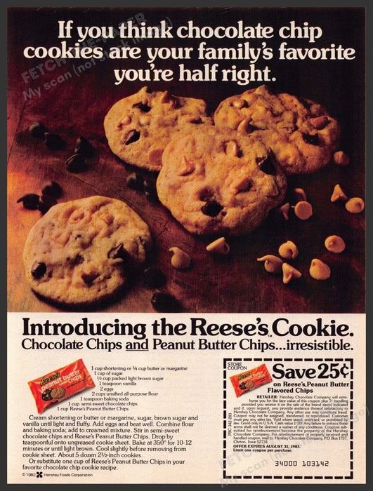 Reese's Peanut Butter Chip 1980s Magazine Print Advertisement 1983 Cookie Recipe Reese's