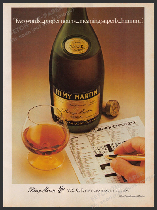 Remy Martin Cognac 1970s Print Advertisement 1979 Crossword Puzzle Fetch-the-Paper