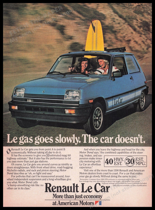 Renault Le Car 1980s Print Advertisement Ad 1980 Surfboard Surfing Couple Fetch the Paper!