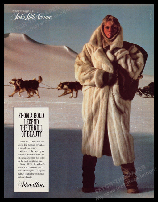 Revillon Fur Coat 1980s Print Ad 1984 Husky Sled Dogs Fetch-the-Paper