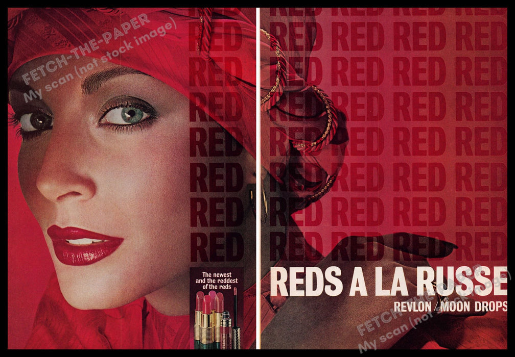 Revlon 1970s Print Ad (2 pages) 1977 "Reds a la russe" Moon Drops Revlon