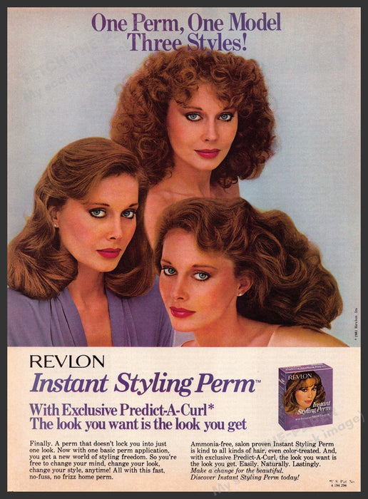 Revlon 1980s Magazine Print Advertisement 1981 Instant Styling Perm Curls Hair Fetch-the-Paper