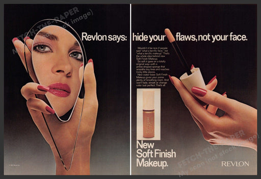 Revlon 1980s Print Advertisement (2 page centerfold) 1981 "Hide your flaws" Fetch-the-Paper